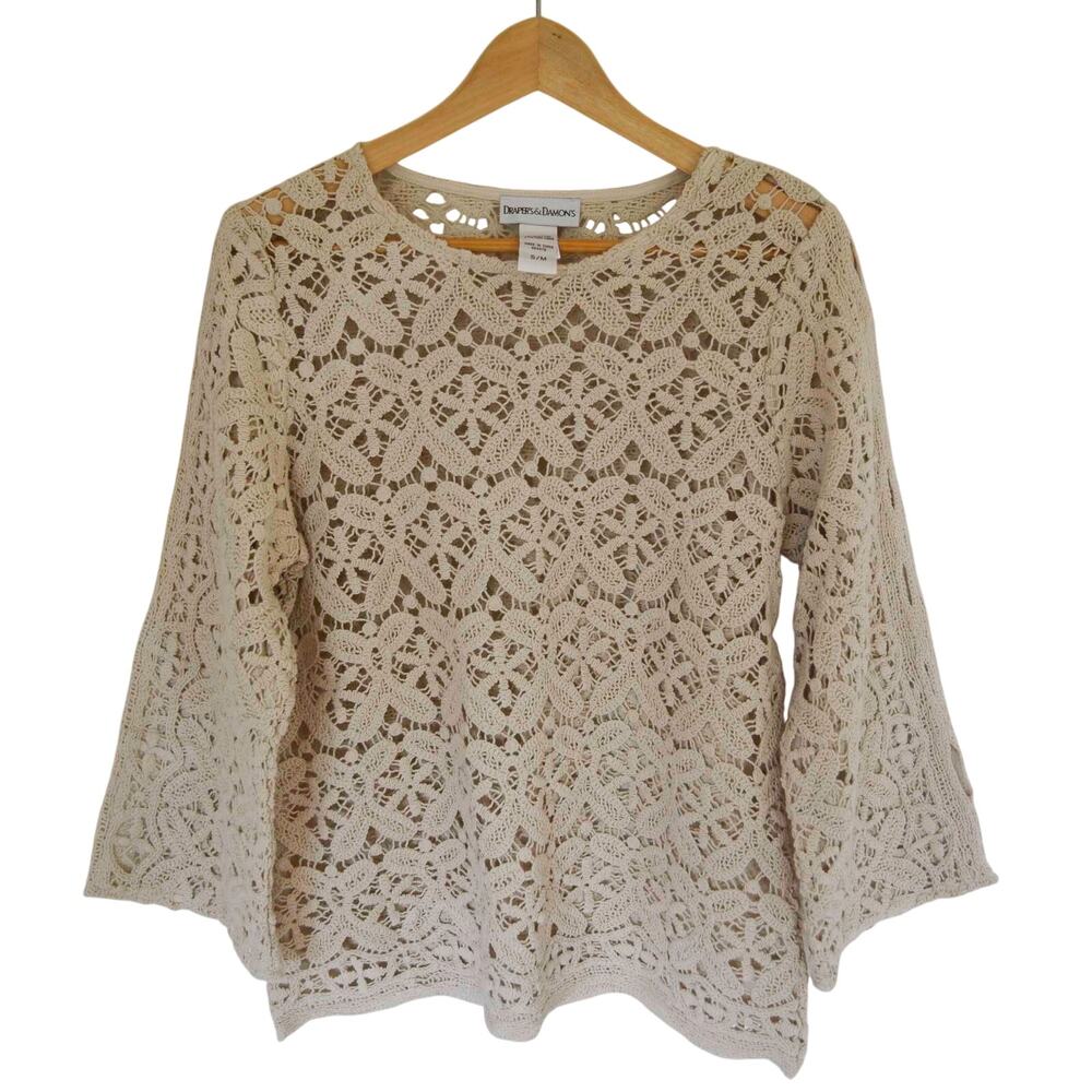 Vintage Crochet Knit Bell Sleeve Sweater Top Size Small